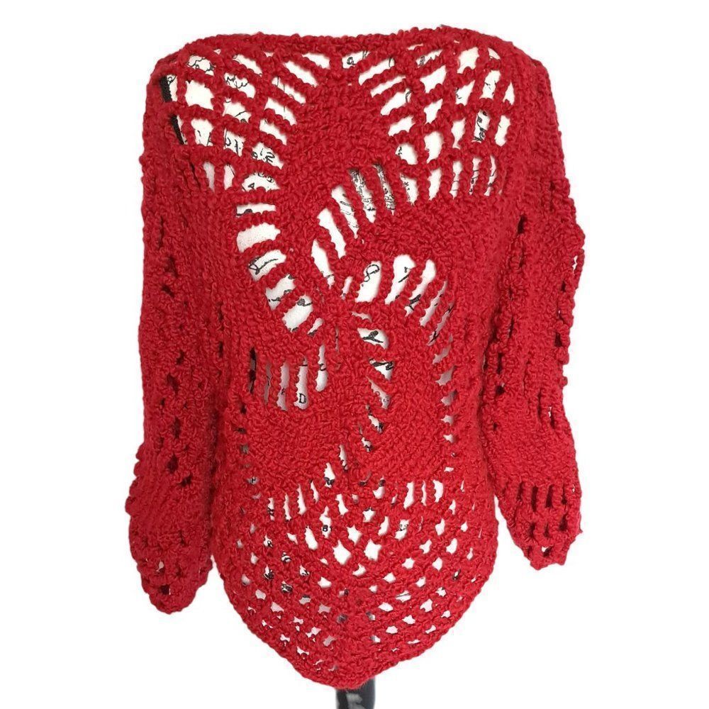 Handmade Women's Red Crochet Long Sleeve Open Knit Sweater Sz S/M Christmas 